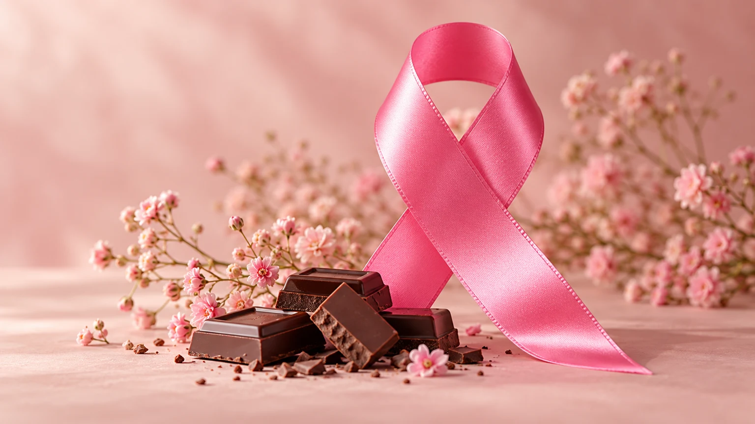 Roze lint met chocolade, als symbool van onze inzet voor Pink Ribbon.